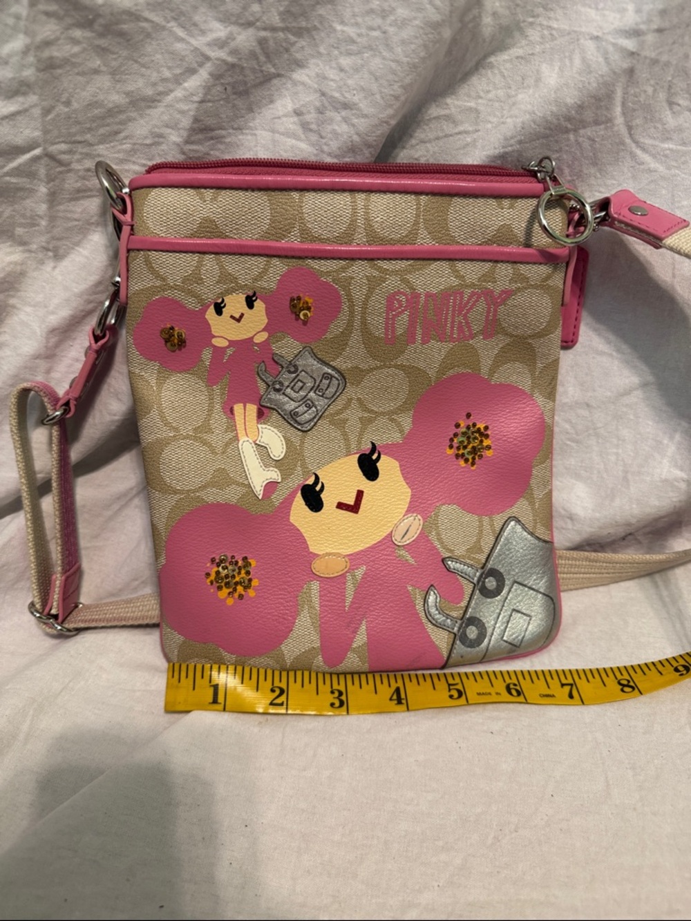 Coach Beige Canvas Pink Poppy Graphic Crossbody Bag